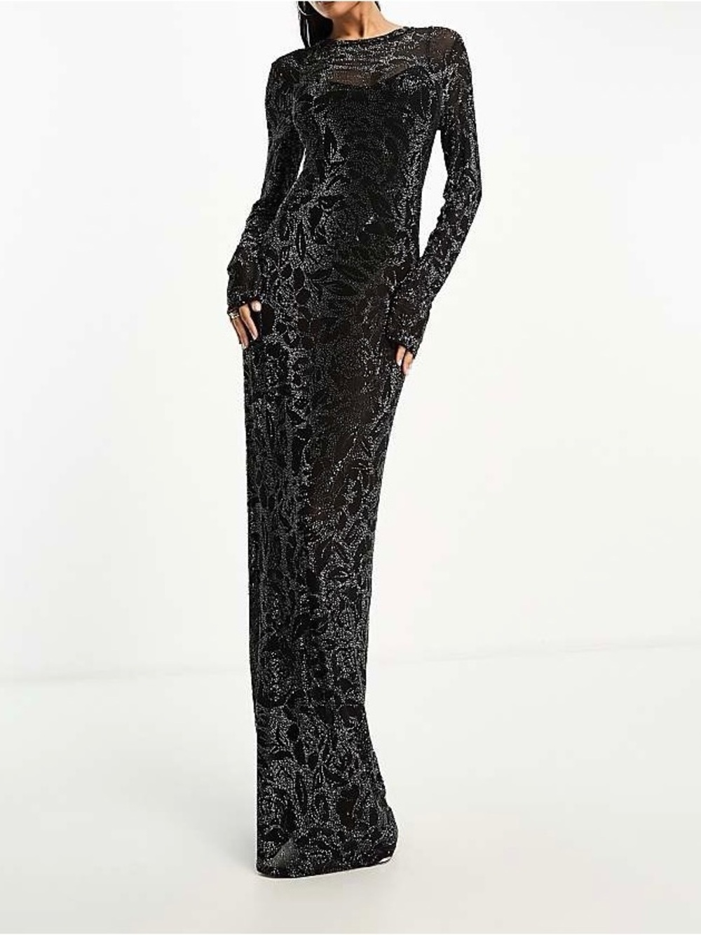 Black Sequined Long-Sleeve Maxi Dress